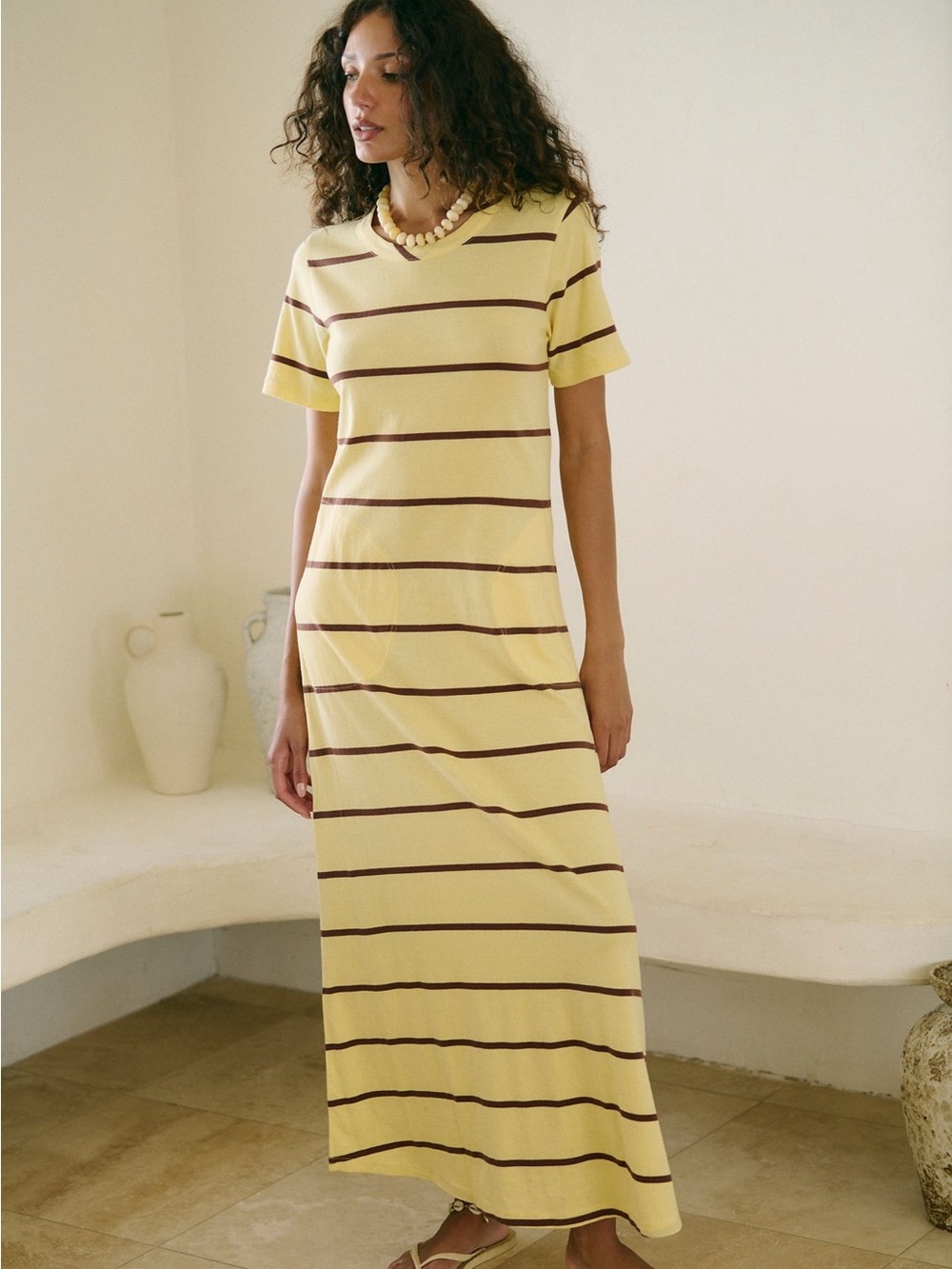 FREE PEOPLE Sleek & Striped Cotton-Jersey Maxi Dress in Butter Yellow Combo, XS
